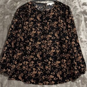 Monday Fun Floral Blouse Top Women's Medium Long Sleeve‎ Black Brown